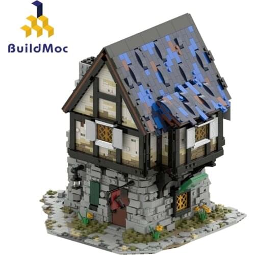 MOC The Medieval Smithy City Japanese Post Office Delivery Car Stores Retro Cabin Blocks Model Building Toys Bricks for Kids