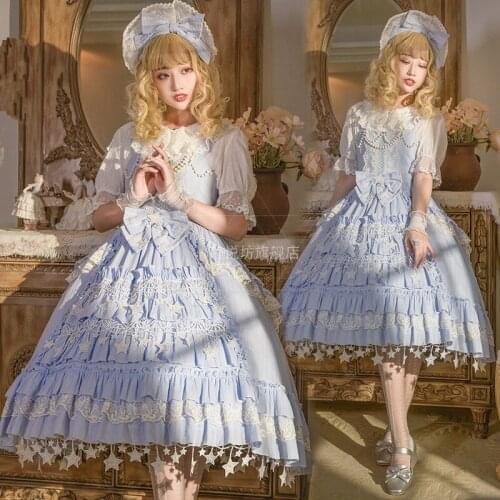 Original French Retro Square Collar Strap Lolita Dress Female Sweet Beaded Spliced Lace High Waist Sleeveless Ruffled Dress Y893