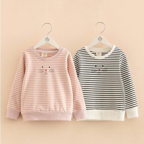 Autumn Spring Girls T Shirt Cartoon Cat Print Long Sleeve Baby Girls Clothes Brand Cute Girl Striped Shirt Kids Sweatshirts