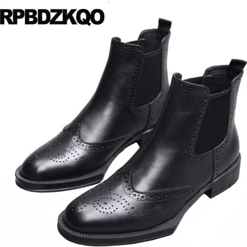 Dress Chelsea Full Grain Leather Wingtip Party Brogue Winter Men Boots With Fur Pointed Toe High Top Chunky Formal Shoes Booties