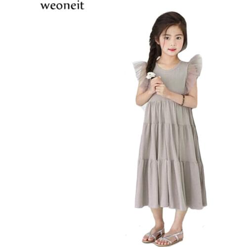 Weoneit Girls Dress 2020 New Summer Girls Clothes Solid Fashion Girls Dress Kids Dresses for Girls Casual Wear CN 100-160