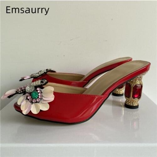 Crystal Rhinestone Flower Sandals Women Summer Diamond High Heels Patent Leather Slingbacks Runway Mules Lady