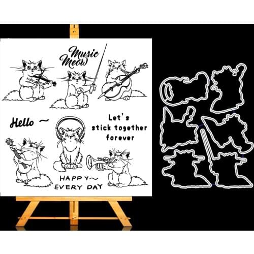 AZSG Lovely Cat Paly Music Silicone Clear Stamp Cutting Dies For DIY Scrapbooking Card Making Photo Album Decorative Crafts