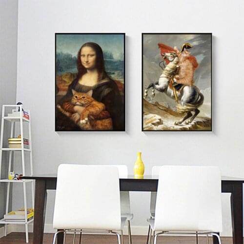 Modern Mona Lisa with Cat Napoleon Famous Oil Paintings Canvas Painting Wall Art Posters Prints Pictures Bedroom Home Decoration