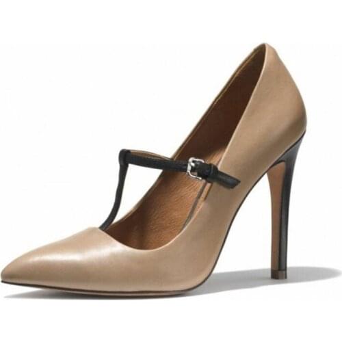 Fashion Dark Nude Stiletto PU Heels T-Strap Woman Pumps 2019 Buckle Strap Sexy Pointed Toe Office Shoes Female Party Dress Pumps