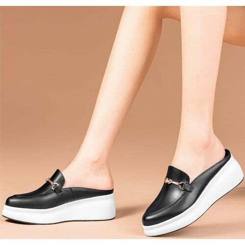 Platform Oxfords Shoes Women Cow Leather Round Toe Slippers Female Wedges High Heel Mules Summer Fashion Sneakers Casual Shoes