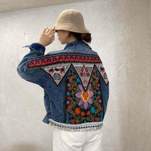Spring Boho Denim for Women Floral Appliques Embroidery Vintage Coat Long Sleeve Outerwear Female Jacket Coatee Y669