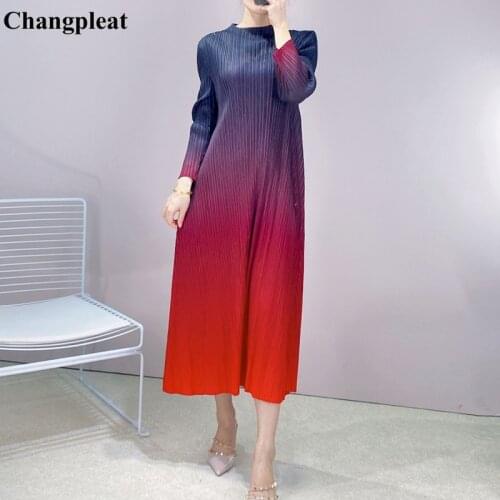 Changpleat 2021 Autumn Miyak Pleated Gradient Women Dresses Fashion Loose Stand-up collar Large Size Female A-line dress Tide