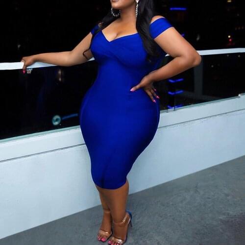 Blue Women Bodycon Plus Size Sexy Off Shoulder Party Dress Big Curve Clubwear Club Ladies Bandage Midi Robe Christmas Dresses