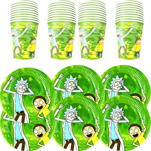 80pcs/lot Baby Shower Decorate Cups Plates Kids Favors Pet Rick And Morti Theme Dishes Glass Birthday Events Party Tableware