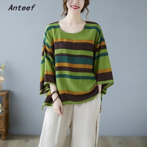 Anteef cotton vintage stripe casual loose summer tee t shirt women t-shirt ladies tshirt 2021 tops streetwear clothing