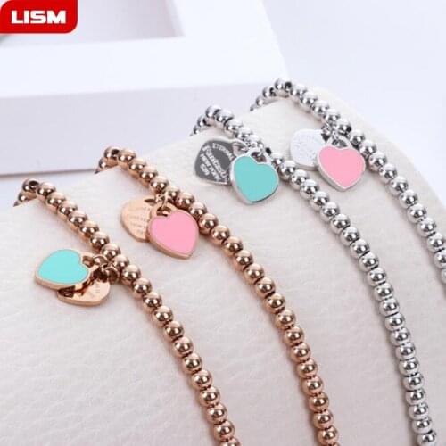 Brand Jewelry Bracelets"Fantastic ETERNAL LOVE "Balls Beaded Bracelet For Women Couple Green/Pink Double Heart Charm Bracelets