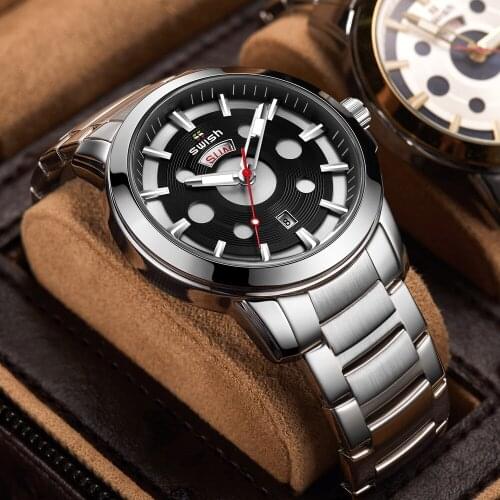 Top Design Brand Luxury Mens Quartz Watch Silver Watch Men Stainless Steel Waterproof Business Sport Wristwatch Date Week Clock