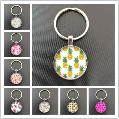 Beautiful pattern round glass cabochon keychain geometric green plant fruit pineapple glass dome keychain jewelry
