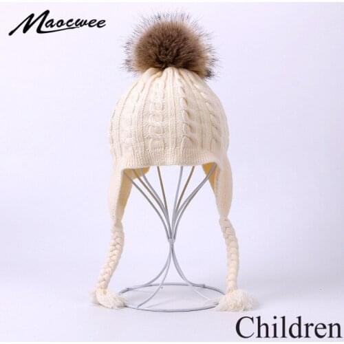 Baby Crochet Hat With Faux Fur Pompom Winter Child Knitted Earflaps Braid Hat For Boys And Girls Baby Hats Outdoor Warm Ski Caps