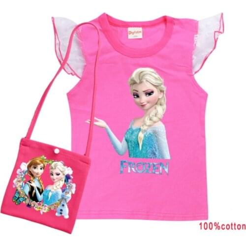 Disney Frozen Elsa Summer Stripe Cotton T Shirt +bag Kids Girls Cartoon Print Short Sleeve Tops Tees Baby Child Fashion Clothes