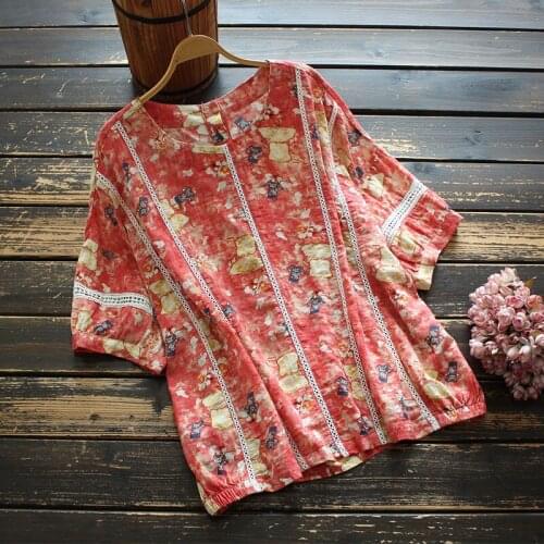 Print Women T shirt New Summer 2021 Loose Hollow Out Cotton Linen Short Sleeves Casual Blouse Female YoYiKamomo