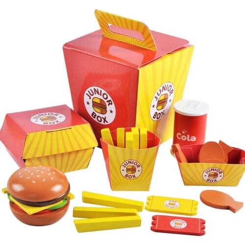 Simulation Wooden Hamburger Fries Fast Food Mdeol Set Kids Pretend Play Toy