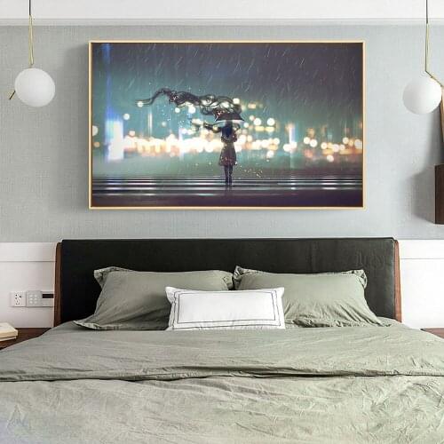 City Street Landscape Canvas Painting Rainy Night Wall Art Oil Painting Modern Abstract Poster Print Pictures for Living Room