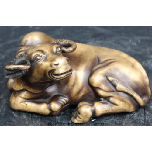 6" Chinese Feng Shui Folk Bronze Oxen Ox Cattle Moo-Cow Zodiac Year Statue Medicine copper Decoration real Brass 25% off
