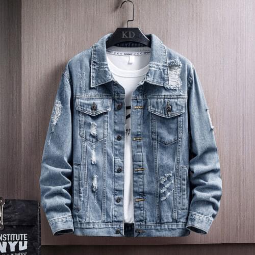 NEW Denim Jacket Mens Denim clothing man coats Fashion Jeans Jacket Casual loose Ripped Holes Vintage Bomber Denim Jacket