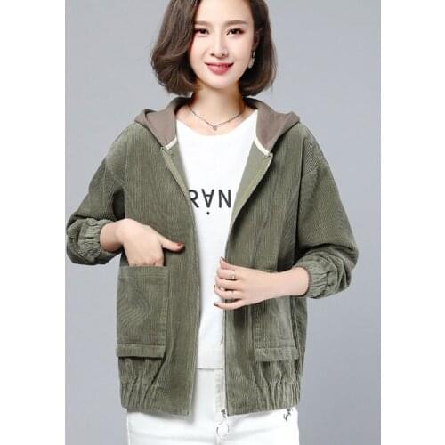 2020 Autumn New Women Jackets Corduroy Coat Streetwear Hooded Causal Windbreaker Female Zippers Jacket Outerwear Plus Size P689