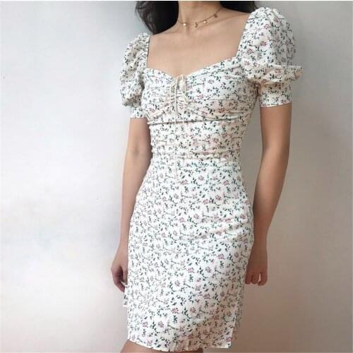 Summer Dress Retro Boho Women Tie Neck Floral Print Floral Mini Sexy White Dress Elegant Puff Sleeve Dresses Korean Vestidos