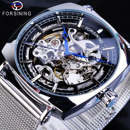 Forsining Royal Silver Square Mechanical Watches Mens Automatic Skeleton Slim Mesh Steel Belts Wristwatch Dress Relojes Hombre
