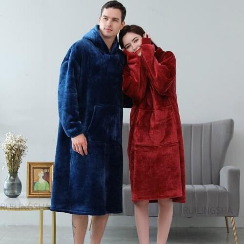 Men Winter Hooded Thicken Warm Flannel Bathrobe Plus Size Coral Fleece Mens Kimono Women Big Pocket Long Sleeve WomenS Gowns
