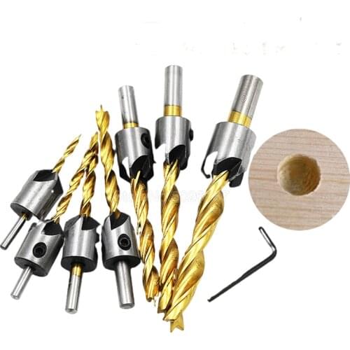 3-10MM 4-7PCS 5 Flute Hss Countersink Drill Bit Set Titanium Coated Wood With Hex Key Chamfer Carpentry Reamer Woodworking End