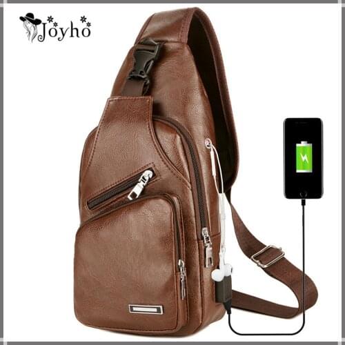 Mens Chest Bag Leather Chest Pack USB charging outdoor waterproof crossbody Bag With Headphone Hole Functional Travel Sling Bag