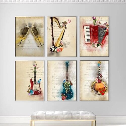 Music Instrument Watercolor Flower Poster Champagne Print Wall Music Score Art Modern Canvas Painting Living Room Home Decor