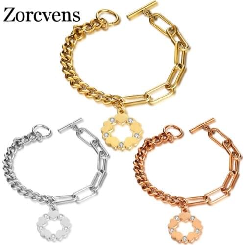 ZORCVENS 2020 New Fashion Gold/Rose Gold/Silver Color Stainless Steel Heart Flower Bracelet for Woman Wedding Jewelry Gifts