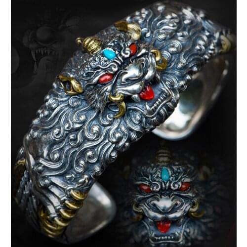 New Original Design Handmade Silver Men Bracelet Opening Carved Chinese Style Retro Creative Trend Domineering Jewelry Accessory