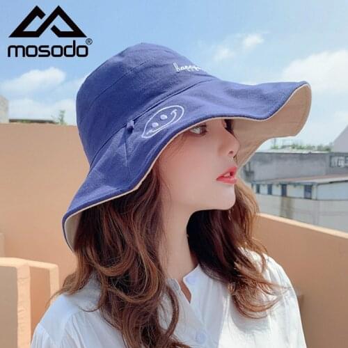 Mosodo Women Bucket Hat Summer Cotton Big Brim Sun Protection Female Beach Outdoor Fashion Double-Sided Fisherman Cap Visor