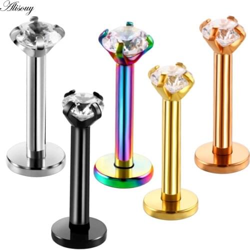 Alisouy 1pcs 16G 6/8mm Round Clear Stone Nose Piercing Labret Ear Helix Lip Piercing Flat Nose Ring Cartilage Tragus Piercing