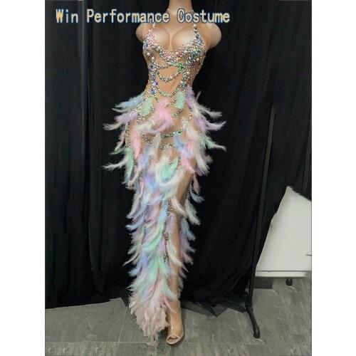 Multicolor Feather Dresses Rhinestones Pearl Printing Decoration Sleeveless Performance Party Dress Women Nightclub Outfit