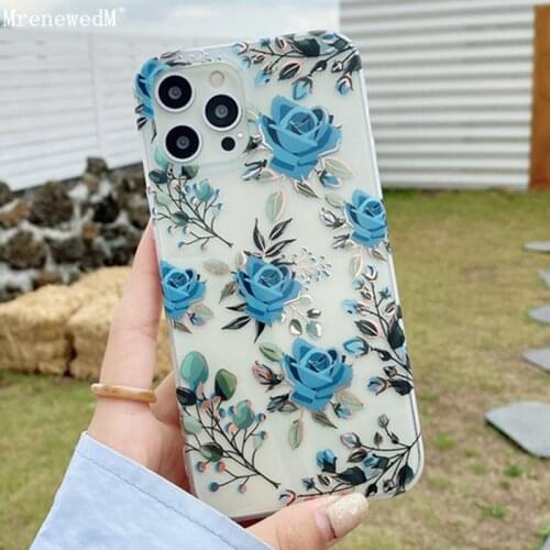 Luxury Plating Transparent Vintage Flower Phone Cases For iPhone 11 Pro 12 Mini Xr Xs Max SE2 7 8 Plus IMD Bumper Acrylic Covers