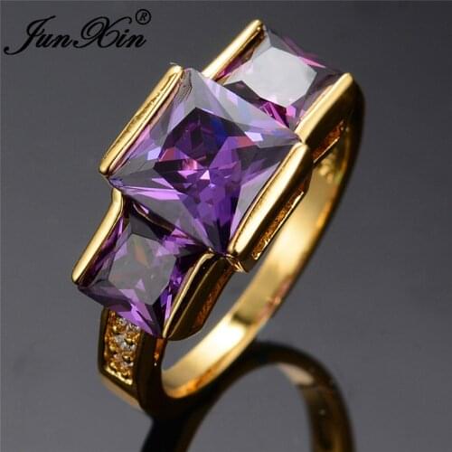 JUNXIN Luxury Big Stone Three Square Zircon Rings For Women Men Yellow Gold Filled Purple/Green Stone Royal Birthstone Jewelry