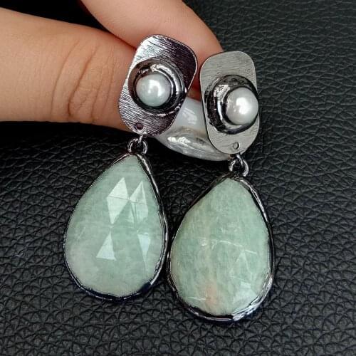 Natural Teardrop Green Amazonite White freshwater Pearl Stud Earrings Cute Green Natural Color Earring For Fashion Jewelry