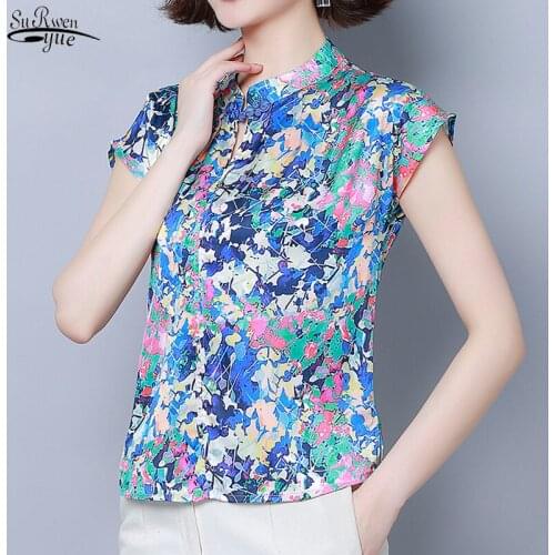 Spring Summer New Style Silk Short Sleeve Floral Blouse Women Blusas Plus Size Printed Pullover Ladies Shirt Slimming Shirt 8681
