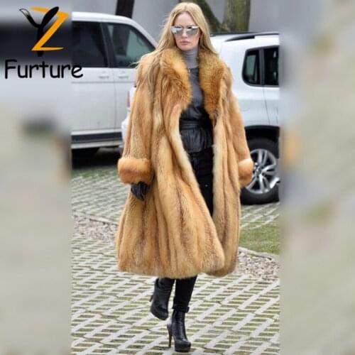 100cm Long Luxury Real Red Fox Fur Coat Women Genuine Fox Fur Overcoats With Big Lapel Thick Collar Natural Fur Loose Outerwear