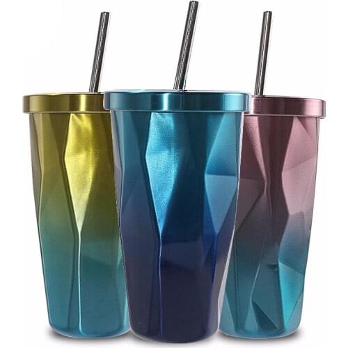Stainless Steel Tumbler with Straw - Hot and Cold Double Wall Drinking Cups Coffee Mugs 500ML Irregular Diamond with Lid