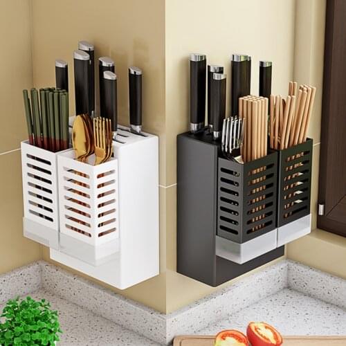 SUS 304 Stainless Steel Wall Mounted Knife Holder with Cutlery Storage Box Spoon Forks Organizer Container Rack Drying Drainer