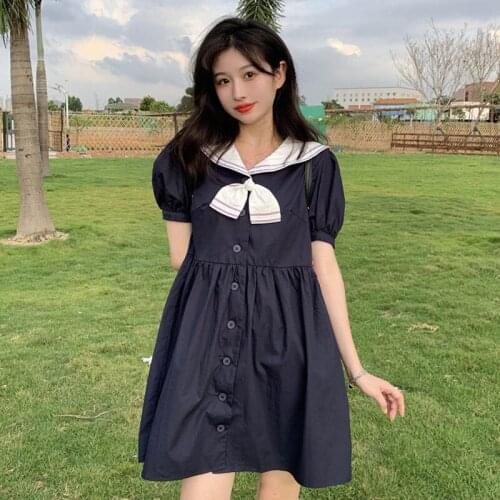 Japanese Vintage Cardigan Dresses Kawaii Sailor Collar Bow Puff Sleeve Summer New Sweet Soft Girl Preppy Style Dress Shirt Dress