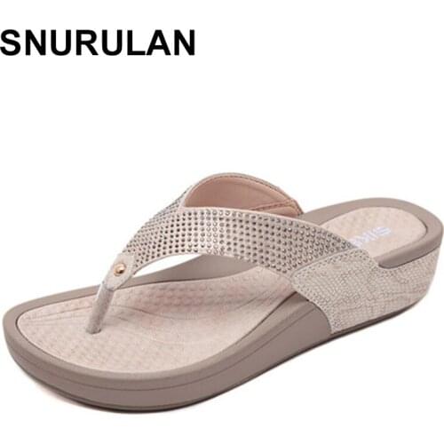 SNURULAN 2021 Women Floral Beaded Sequin Embellishment Mesh Slippers Flip Flop Sandal Wedge platform shoes sandalia feminina