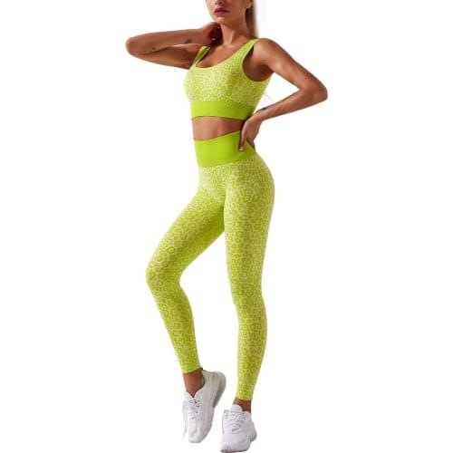 Womens Leopard Printed 2Pcs Yoga Suit Sports Bra with High Waist Tight Long Running Pants for Exercise Wear