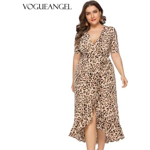 Leopard Ruffled Dress 2021 Women Plus Size 6XL Loose Short Sleeve Deep V-neck A-line Sexy Party OL Dress Vestidos de fiesta