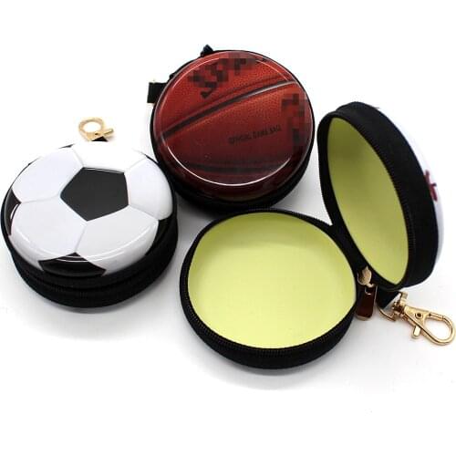 Tin Coin Purse Basketball Football Pattern Men Round Earphone Box Mini Zipper Wallet Key Case Small Gifts for Children Coin Bag