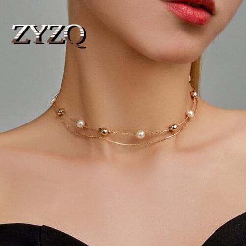 ZYZQ Korean Ins Simple Gold Bead Double-Layer Women Necklace Temperament Short Round Bead Clavicle Chain Daily Wear Jewelry